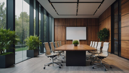 Modern office's conference room, emphasizing wooden walls, stylish office furniture, and a scenic garden background visible through expansive window glass views.