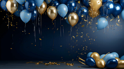 3d render of blue and gold balloons and golden confetti on black background