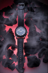 BLACK wristwatch with smoke fog
