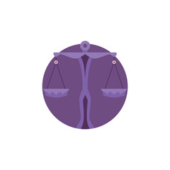 Libra zodiac sign, Horoscope Astrology zodiac symbol as a scales in a balance vector icon in purple circle frame sticker