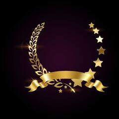 Golden wreath with laurel leaves, stars and ribbon realistic vector illustration. Victory reward vintage style 3d model on dark background
