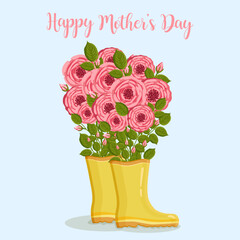 Mother's day greeting card. Bouquet of roses in yellow rain boots. Botanical vector illustration isolated for postcard, poster, ad, decor and other uses.