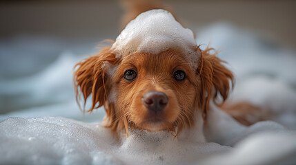 An adorable dog with a russet coat is enveloped in a bath of bubbles, gazing out with soulful eyes, a crown of foam whimsically perched atop its head.
