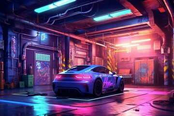 Abstract urban scene with vibrant neon lights, grungy graffiti, and a futuristic underground garage featuring cars. The backdrop consists of realistic blue and purple colors with a. Generative AI