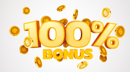 100 percents bonus. Falling golden coins. Cashback or prize concept. - obrazy, fototapety, plakaty