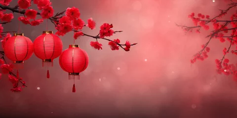 Foto op Plexiglas Chinese new year festive minimalist background, on a red background a paper lantern decoration with a decor piece on table and branches on back wall with copy space © Ammar Anwar 