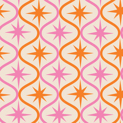 Mid century modern pink and orange atomic starbursts on retro ogee shapes seamless pattern on white background . For wallpaper, home décor, wrapping paper and fabric
