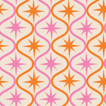 Mid century modern pink and orange atomic starbursts on retro ogee shapes seamless pattern on white background . For wallpaper, home d&eacute;cor, wrapping paper and fabric