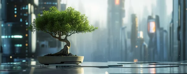Fotobehang beautiful bonsai tree with city background. bokeh background © diwek