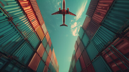 Global business logistic and transportation import export goods. Container cargo freight ship at international port. Cargo plane flying above truck shipping container. Logistic industry - Powered by Adobe