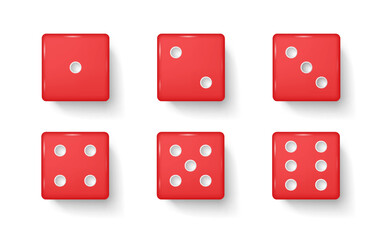 Red gambling dices realistic vector illustration set. Plastic cubes with dot numbers for playing 3d elements on white background. Casino items