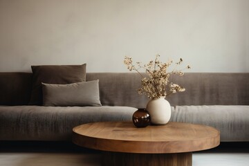 Minimal living room with wooden coffee table near sofa close-up. Interior in trendy brown colors 