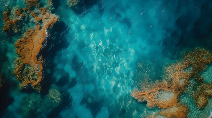 Fototapeta na wymiar A photo of the Great Barrier Reef from above, with vibrant coral formations as the background, during midday sunlight