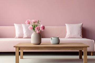 Minimal living room with wooden coffee table near sofa close-up. Interior in trendy pink colors