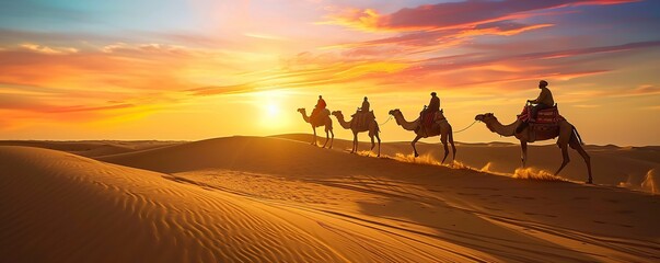 Desert landscape at sunset on a sunny afternoon with camels running