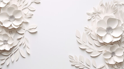 Paper cut flowers and leaves, Fresh spring nature background. Floral banner, poster, flyer template with copy space.