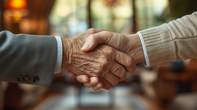 A business meeting, welcome handshake and a meeting with a lawyer or a financial advisor are part of an elderly married couple's retirement conversation as well as planning and insurance documents for