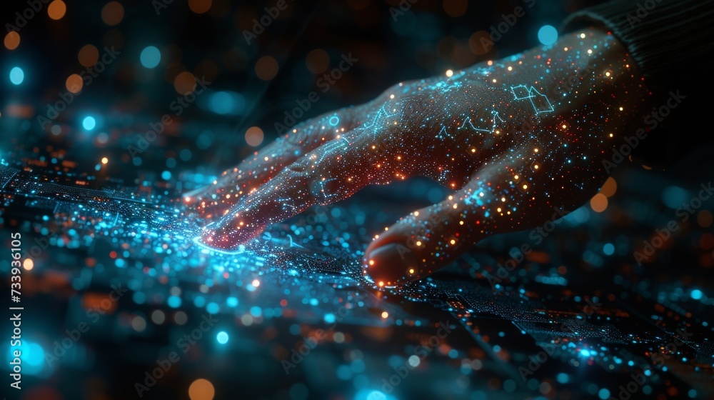 Poster An artificial intelligence (AI) interface using machine learning and data mining together with another modern computer technology UI by hand touching a low poly icon.
