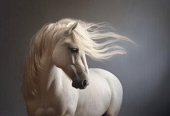 A portrait of white horse with a developing mane on gray background