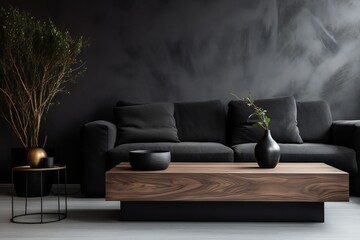 Minimal living room with wooden coffee table near sofa close-up. Interior in trendy black colors