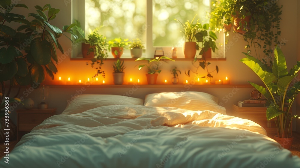 Sticker Typical bedroom interior with bed, shelves, candles, and houseplants