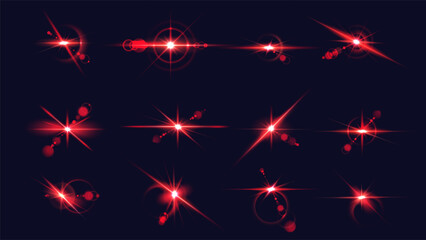 Red glare stars explosion realistic vector illustration set. Shining light flashes at darkness. Bursting spark 3d elements on dark background