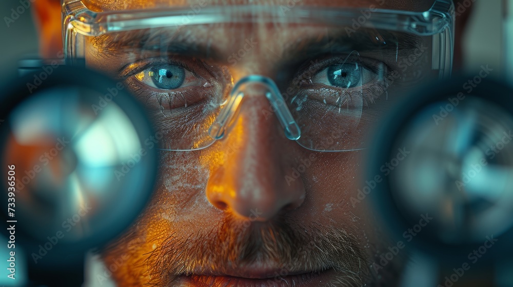 Poster male microbiologist working with molecule samples in modern laboratory with technological equipment.