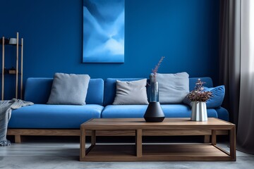 Minimal living room with wooden coffee table near sofa close-up. Interior in trendy blue colors