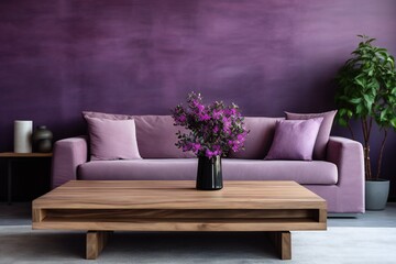 Minimal living room with wooden coffee table near sofa close-up. Interior in trendy violet colors