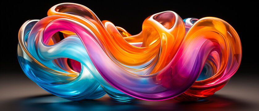 Vibrant abstract waves on black: Dynamic colors blend in smoky background, capturing orange, pink, blue, yellow, purple hues. High-res, glossy finish