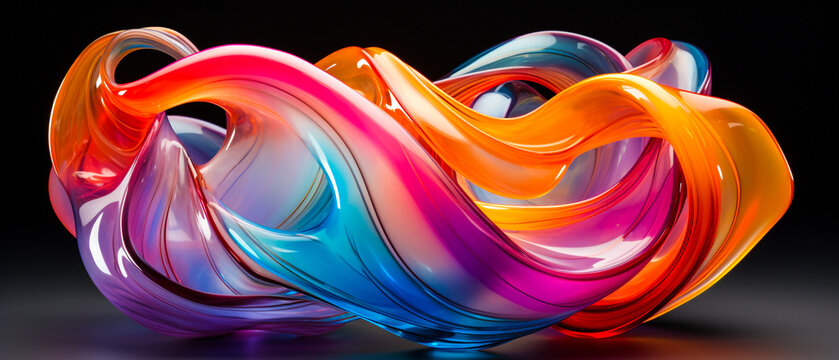 Vibrant abstract color waves on black: Dynamic hues of orange, pink, blue, yellow, purple, and azure. Dramatic lighting creates a realistic still life