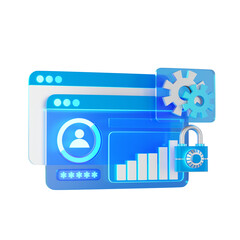 Cyber security of web user interface and financial analysis including gear and padlock 3d icon.