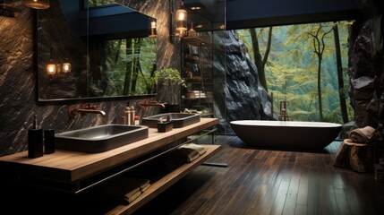  black rammed earth black house in the mountains home bathroom luxe black, wood, bamboo incorporate nature and view - obrazy, fototapety, plakaty
