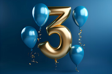 Number 3 gold balloon with blue balloons. Birthday greeting card. 3D Render