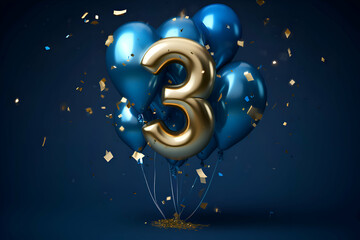 3rd birthday balloon with number 3 gold and blue balloons. 3D Render