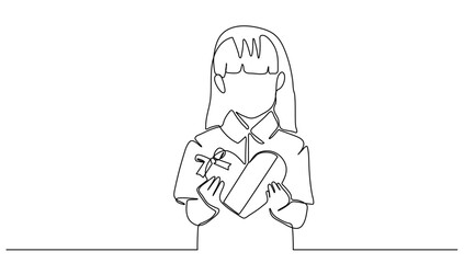 continuous line drawing of a little girl carrying heart-shaped chocolates on Valentine's Day, Valentine's Day celebration concept, vector illustration 