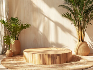 A warm, sunlit corner showcasing a round wooden podium and a rustic boho style.