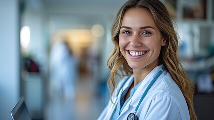 Fototapeta premium Portrait Photo of a doctor working with stethoscope around her neck, white coat, smiling, hospital.