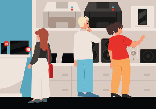 Electronics shop vector flat illustration, seller or shop assistant and customers choosing home electronics appliances