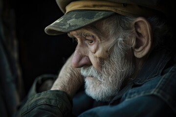 In quiet reflection, the aging veteran contemplated his memories.