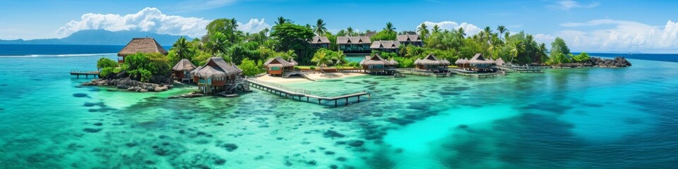 Tropical island resort panorama,  with overwater bungalows and pristine beaches