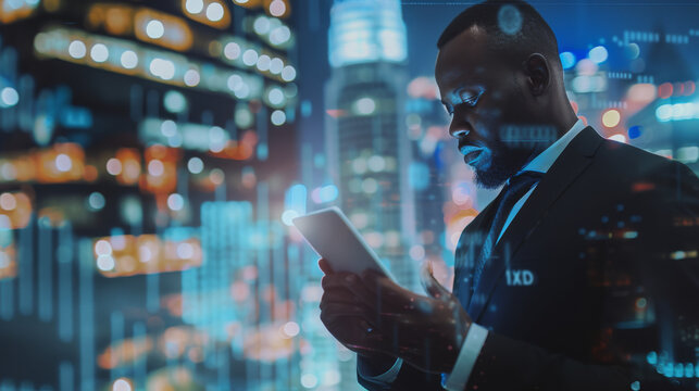 handsome black african american businessman holding smart tablet screen in hands analyzing the world economy stock market. holographic web design. city skyscrapers in blurry background