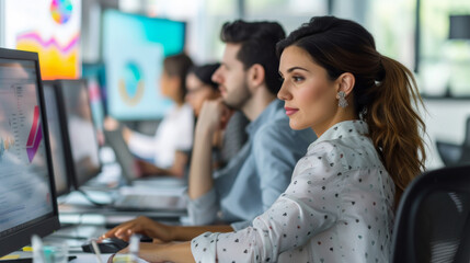 Hispanic Female Senior Data Scientist Reviewing Reports Of Risk Management Department On Big Digital Screen In Monitoring Room. Diverse Consulting Company Employees Working Behind Desktop Computers