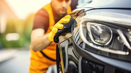 Photo of a middle aged Caucasian man washing car. Diligent hands working diligently to remove every speck.