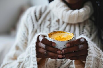Afro-American woman in white sweater holding a mug of turmeric latte or golden milk in her hands