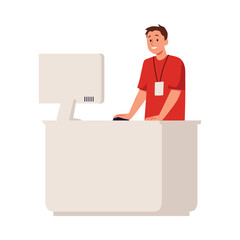 Smiling salesman in red T-shirt behind counter with computer
