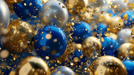 Fototapeta na wymiar Holiday background with golden and blue metallic balloons, confetti and ribbons. Festive card for birthday party, anniversary, new year, christmas or other events