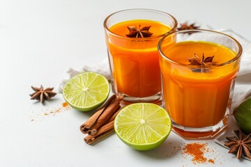 Healthy Indonesian drink Jamu from turmeric and spices in glasses on white background.