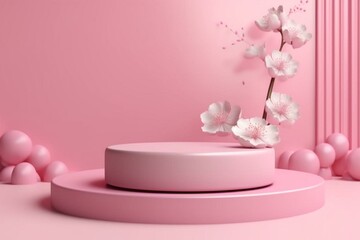 Pink podium with sakura pink flower background for cosmetic or beauty product promotion. Generative AI