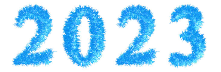 Concept conceptual 2023 year made of blue icy  grass symbol isolated on white background. 3d illustration as a metaphor for future, nature, environment, organic growth, ecology, conservation